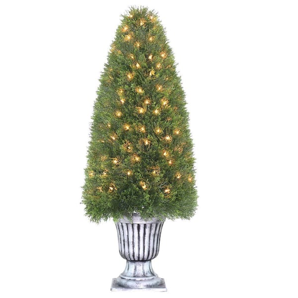 National Tree Company 48 in. Artificial Upright Juniper Tree in Silver Urn with 150 Clear Lights