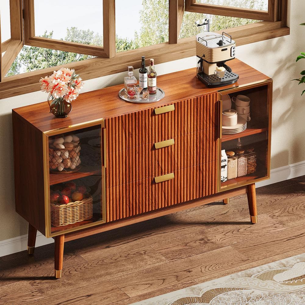 55" Brown Walnut Sideboard Buffet with Gold Metal Handles