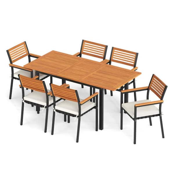 7-Piece Acacia Wood Rectangular 29 in. H Outdoor Dining Set with White Cushions
