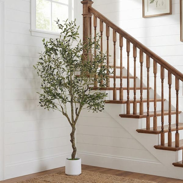 6 ft. Artificial Olive Tree with Realistic Trunk, Faux Leaves and Fruits, White Planter for Indoor Decor