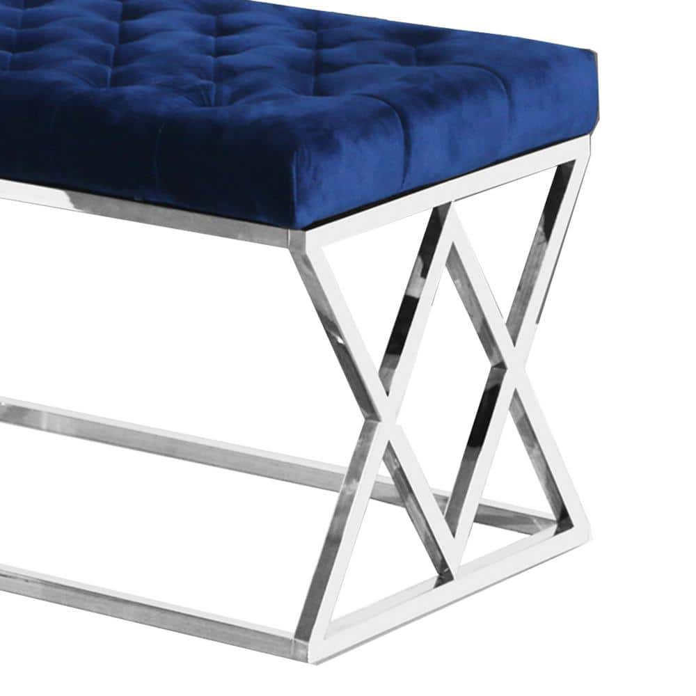 Elegant Blue Velvet Tufted Bench with Stainless Steel Frame