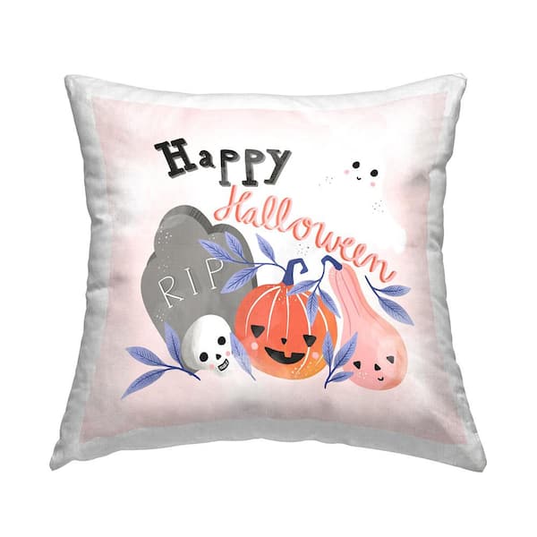Stupell Industries Happy Halloween Smiling Festive Gourds Pink Print Polyester 18in. X 18in. Throw Pillow