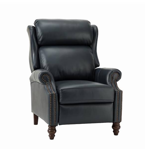 JAYDEN CREATION Medusaeus Navy Genuine Leather Manual Recliner with Solid Wood Legs