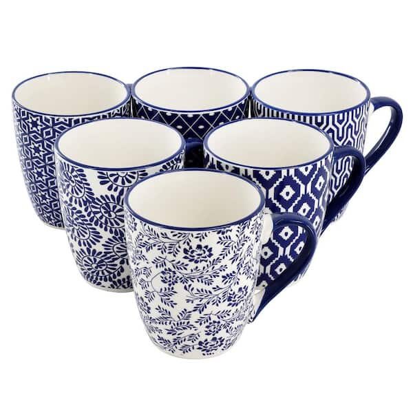 Declan 6-Piece 12 oz. Assorted Design Stoneware Mug Set in Blue and White