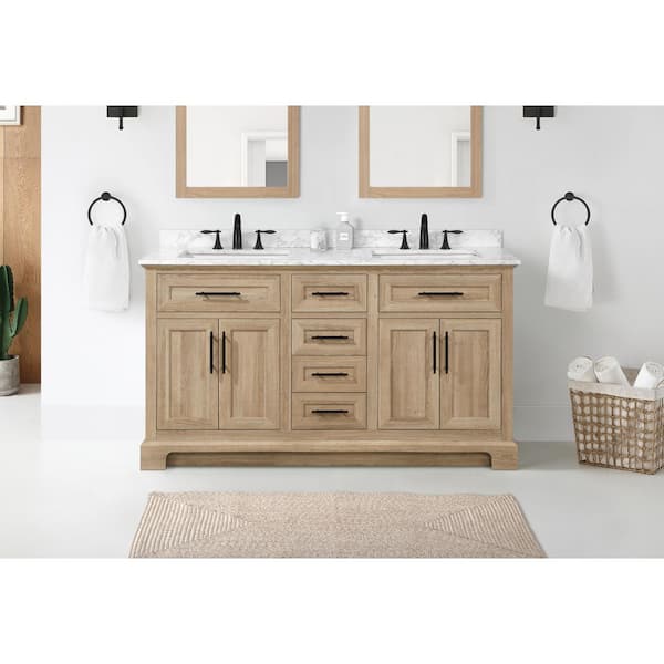 Doveton 60 in. Double Sink Freestanding Weathered Tan Bath Vanity with White Engineered Marble Top (Assembled)
