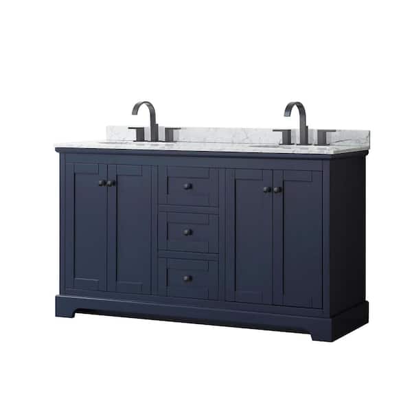 Wyndham Collection Avery 60 in. W x 22 in. D x 35 in. H Double Bath Vanity in Dark Blue with White Carrara Marble Top