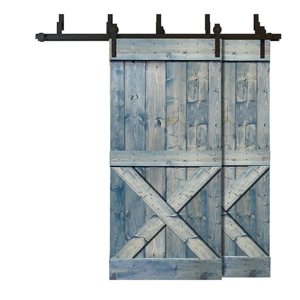 CALHOME 76 in. x 84 in. Mini X Bar Bypass Denim Blue Stained Solid Pine Wood Interior Double Sliding Barn Door with Hardware Kit