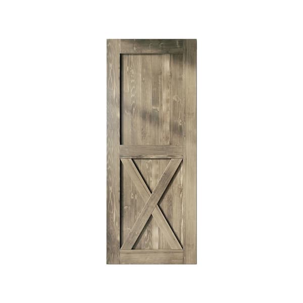 HOMACER 32 in. x 84 in. X-Frame Classic Gray Solid Natural Pine Wood Panel Interior Sliding Barn Door Slab with Frame