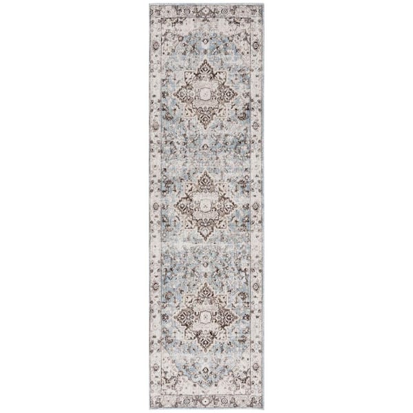 SAFAVIEH Antique Patina Gray/Blue 2 ft. x 8 ft. Distressed Border Ornate Runner Rug