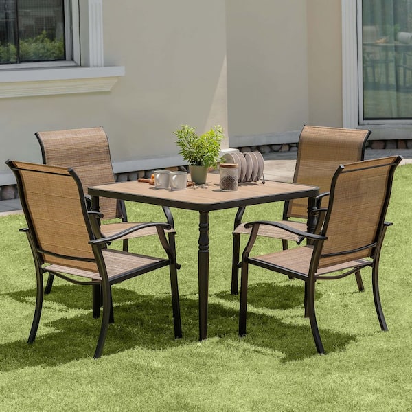 Black 5-Piece Textilene and Metal Square Outdoor Dining Set with Umbrella Hole and Wood-Grain Tabletop