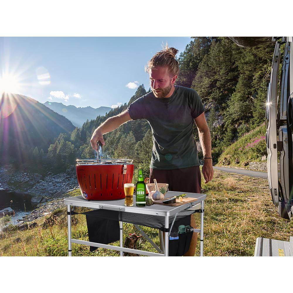 31.5" Silver Steel Folding Camping Table with Mesh Storage
