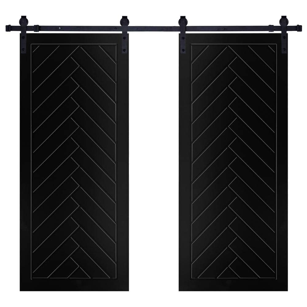 Modern FramedHerringbone Designed 48 in. x 84 in. MDF Panel Black Painted Double Sliding Barn Door with Hardware Kit