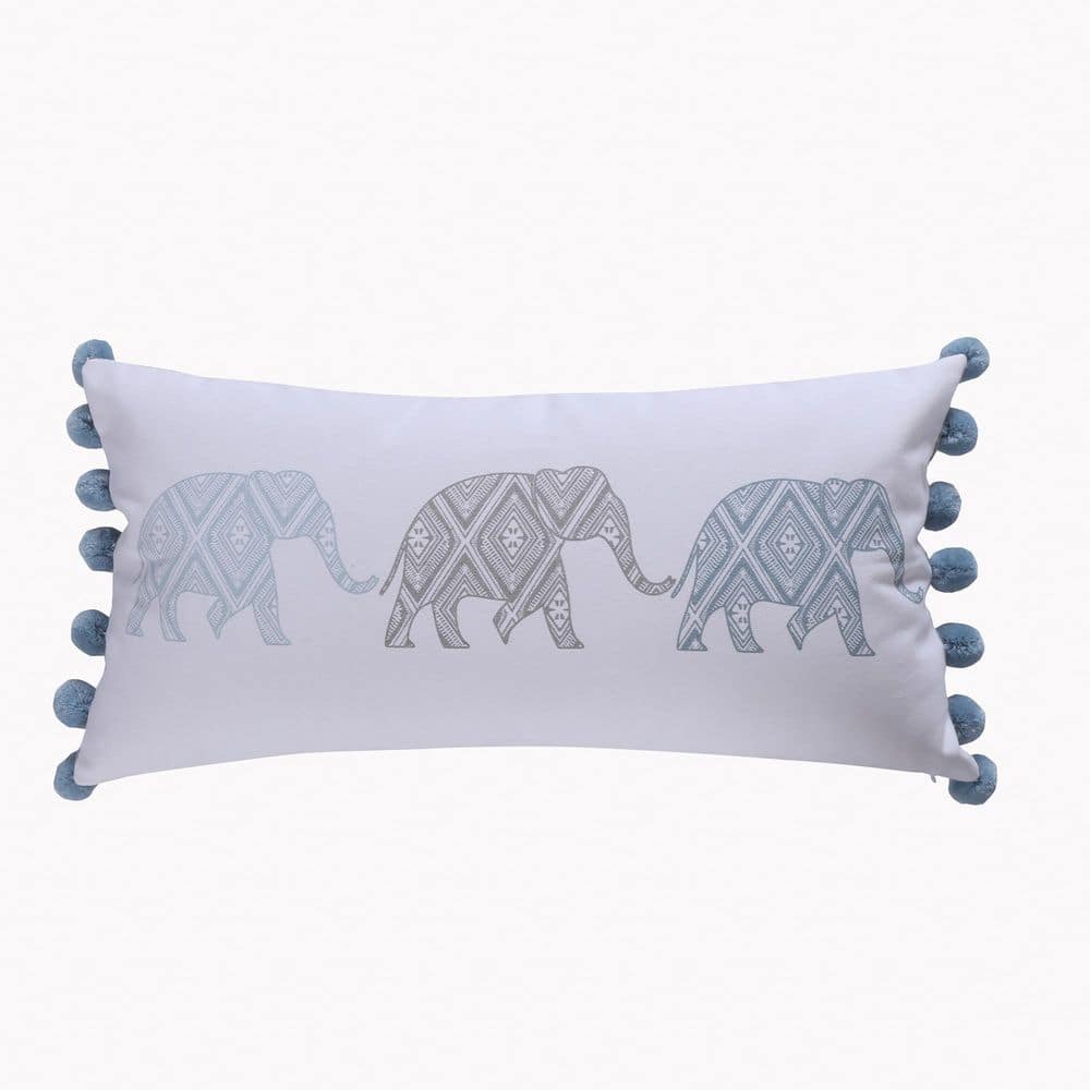 LEVTEX HOME Kavi Blue and Grey Bohemian Style Elephant Screenprint with  Side Pom Poms 12 in. x 24 in. Throw Pillow L10790P-A - The Home Depot