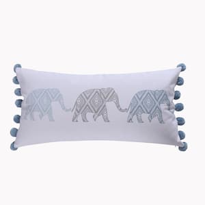 Kavi Blue and Grey Bohemian Style Elephant Screenprint with Side Pom Poms 12 in. x 24 in. Throw Pillow