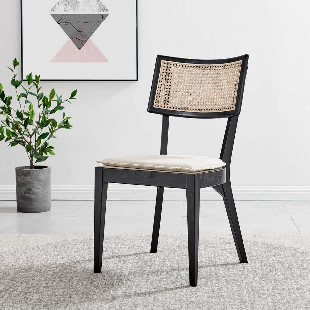 Caledonia High Black and Beige Elm Wood Side Chair with Cane Back