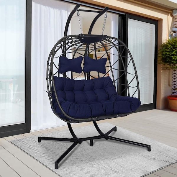 FINCATI Luxury Charcoal Gray Wicker 2 Person Hanging Egg Chair with Black Stand and Navy Blue Cushions