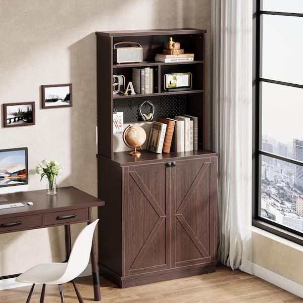 BYBLIGHT Eulas 70.86 in. Tall Dark Walnut Wood 4-Shelf Accent Bookcase with DIY Pegboard and Interior Shelve for Home Office