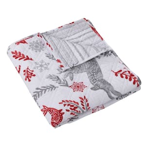 Winterland Grey Red White Woodland Christmas Quilted Cotton Throw Blanket