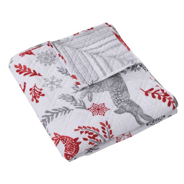 LEVTEX HOME Winterland Grey Red White Woodland Christmas Quilted Cotton Throw Blanket