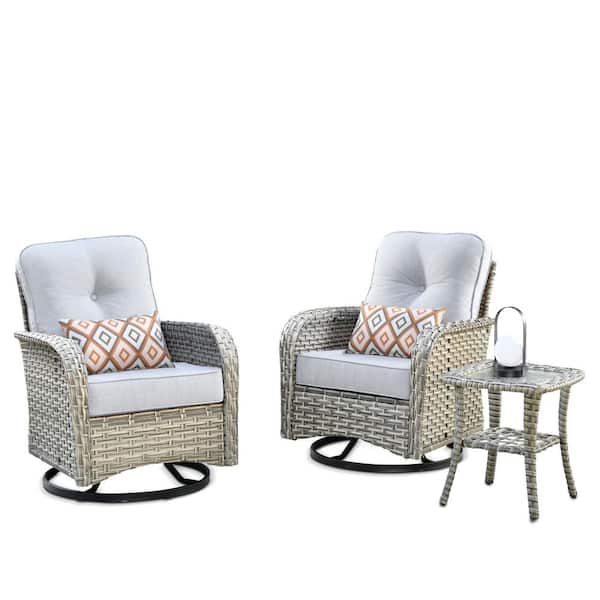 Beverly Gray 3-Piece Wicker Outdoor Patio Conversation Swivel Rocking Chair Seating Set with Light Gray Cushions