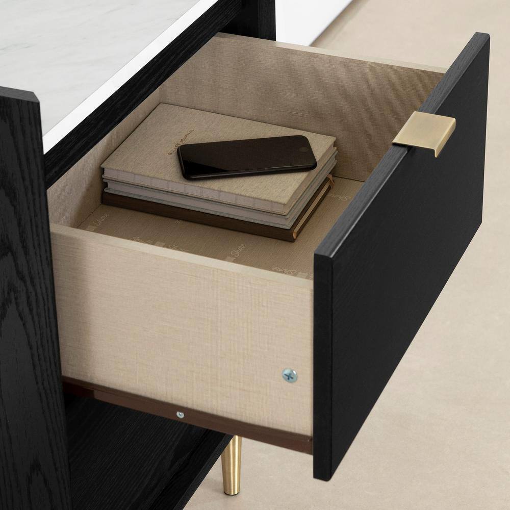 Black Oak and Faux Carrara Marble 2-Drawer Nightstand with Brass Legs
