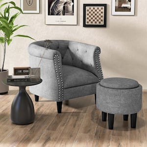 Modern Accent Chair Grey with Ottoman Armchair Barrel Sofa Chair with Footrest