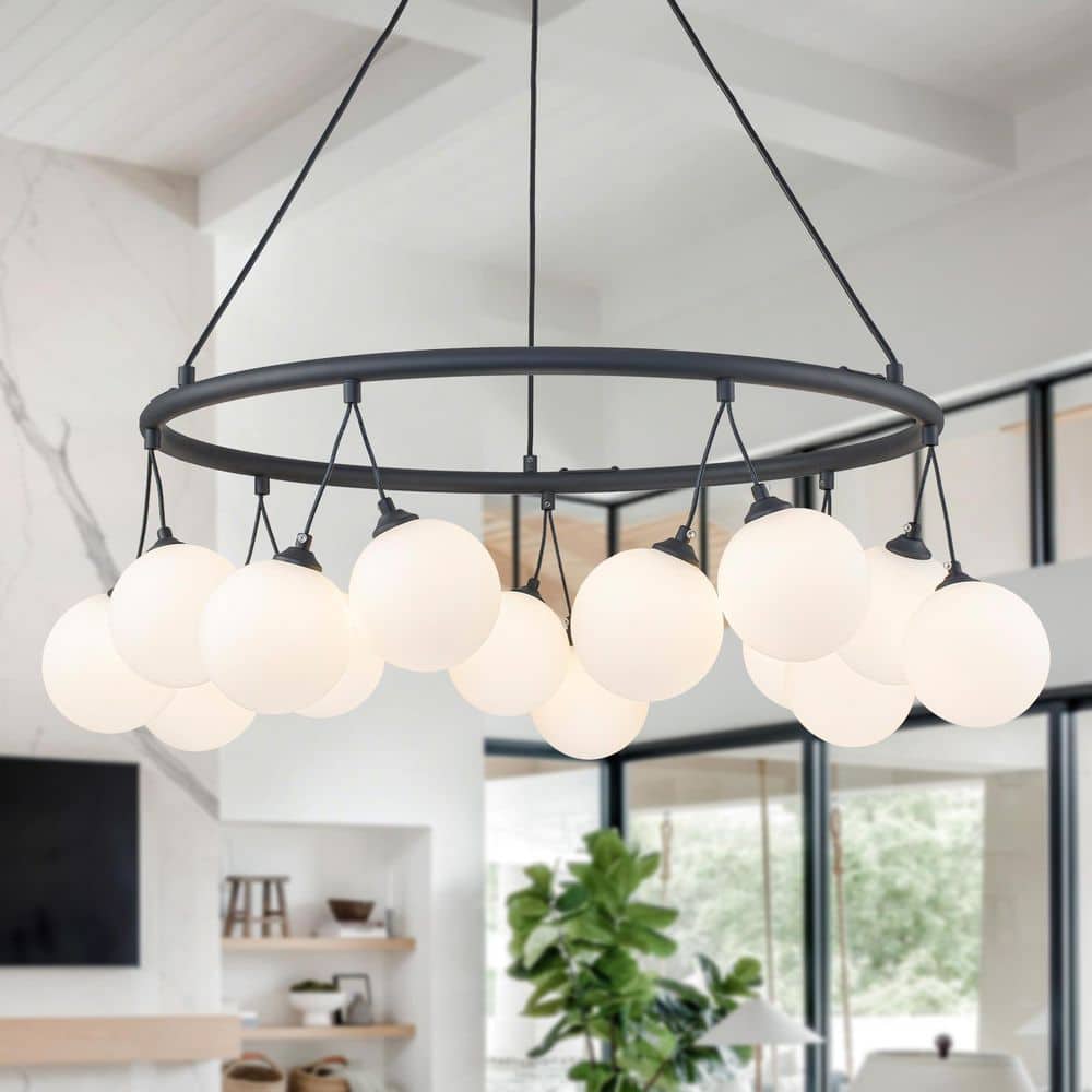 32 in. 14-Light Matte Black Circular Iron Chandelier Pendant Light with Frosted Glass Globe Shades price history on PriceWatchPro