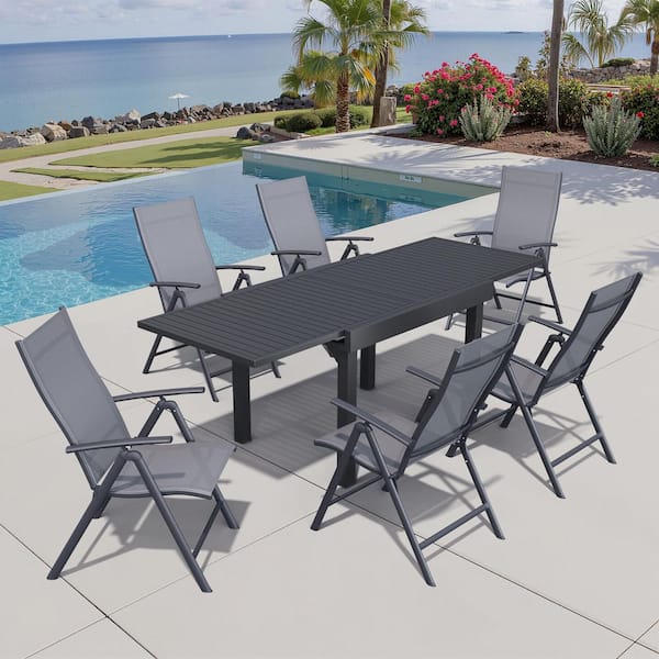 7-Piece 83 in. Aluminum Rectangle Patio Outdoor Dining Set, Extension Table and Gray Adjustable Backrest Metal Chair