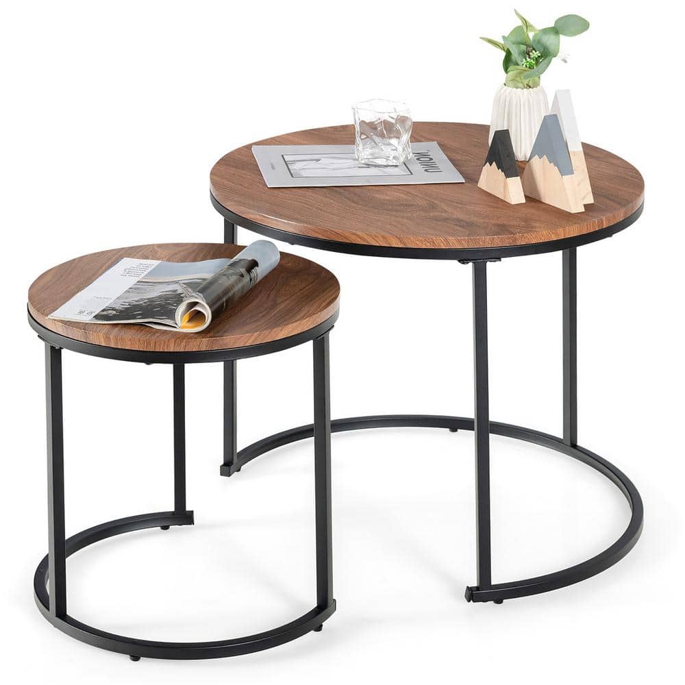 Vintage Walnut Round Nesting Coffee Table Set with Steel Frame