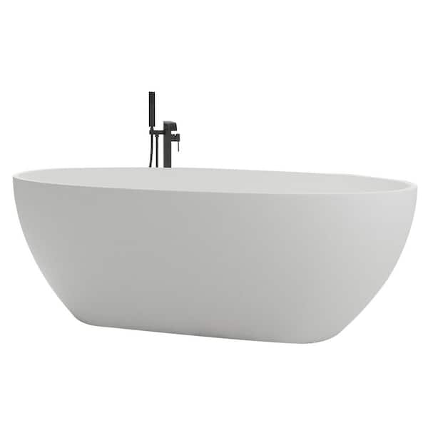 63 in. x 28.22 in. Stone Resin Solid Surface Flatbottom Freestanding Soaking Bathtub with Drain in Matte White