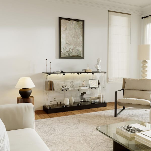 Black 31.5 in. H Accent Cabinet, Dispaly Glass Storage Sideboard with 4 Shelves & LED Light, Glass Doors Glass Back