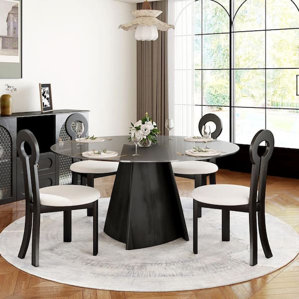 Modern 59.05 in. Round Tempered Glass Tabletop Dining Table with Black Pedestal Base in Black (Seats 8)