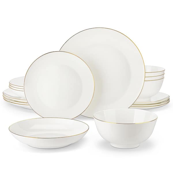 16-Piece White with Gold Rim Bone China Dinnerware Set Service for 4 Tableware Bowls and Plates Set for Kitchen Dining