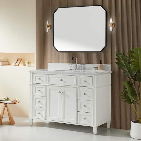 48 in. Solid Wood Double Sink White Bath Vanity with White Carrara Marble Top, Soft Close Doors, Drawers, Assembled