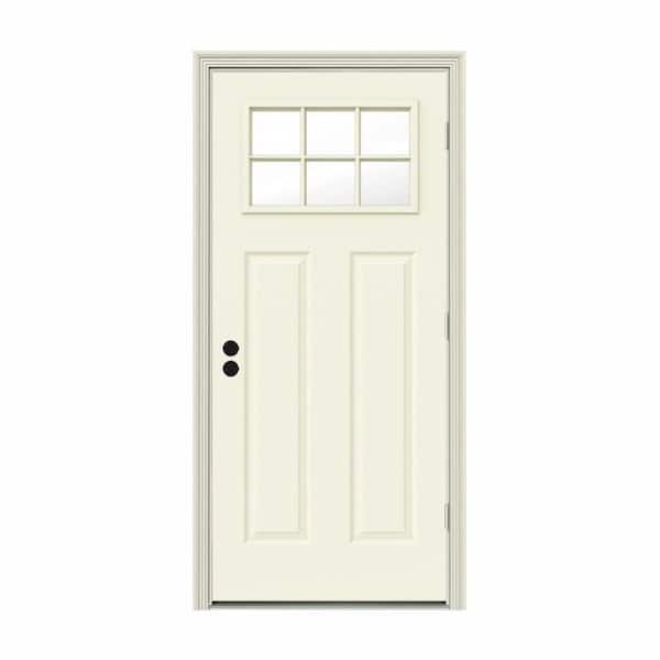 JELD-WEN 30 in. x 80 in. 6 Lite Craftsman Vanilla Painted Steel Prehung Left-Hand Outswing Front Door w/Brickmould