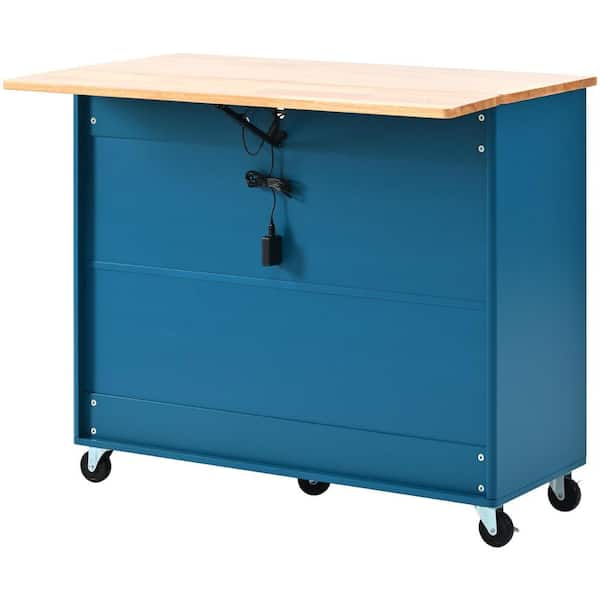 ANTFURN 44.03 in. W x 26.97 in. D Navy Blue Wood Kitchen Cart with Drawers;Locking Casters;Shelf;Spice Rack;Wheels;Drop Leaf