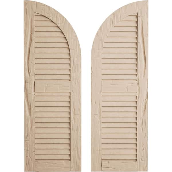 Ekena Millwork 15" x 74" Timberthane Polyurethane Hand Hewn 2-Equal Louvered Quarter Round Arch Top Faux Wood Shutters Pair in Primed