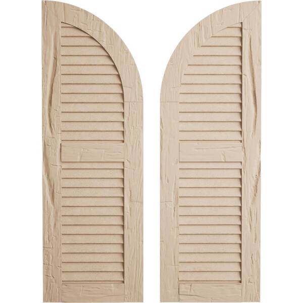 Ekena Millwork 18 x 74" Timberthane Polyurethane Hand Hewn 2-Equal Louvered Quarter Round Arch Top Faux Wood Shutters Pair in Primed