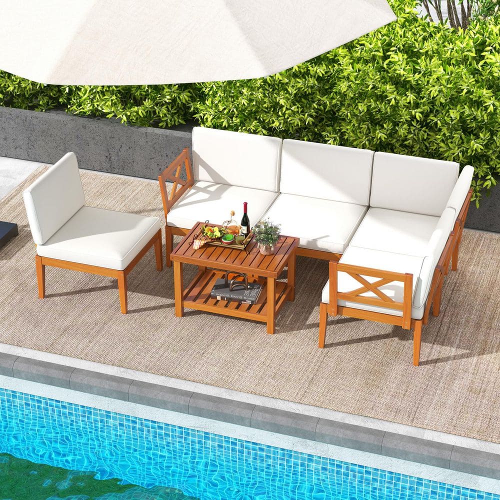 6-Piece Acacia Wood Patio Conversation Set with Off White Cushions and 2-Tier Coffee Table price history on PriceWatchPro