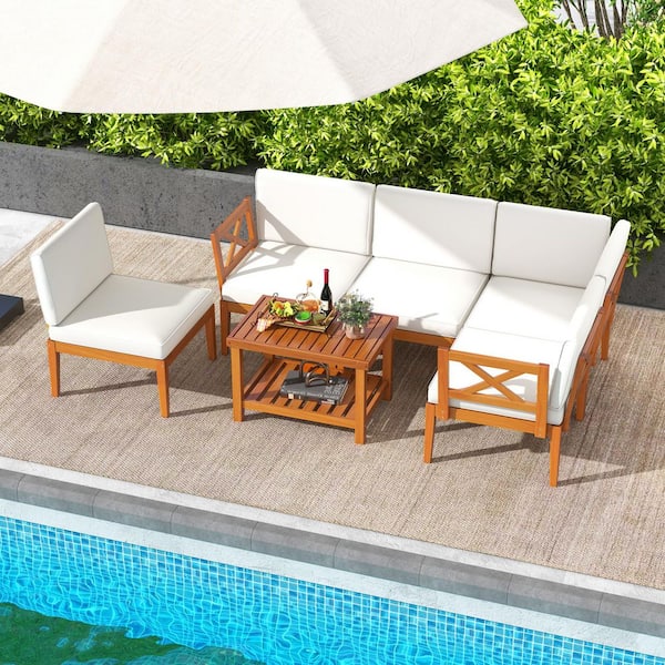 6-Piece Acacia Wood Patio Conversation Set with Off White Cushions and 2-Tier Coffee Table