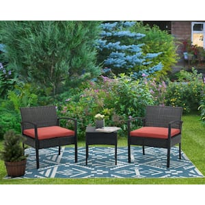 3-Piece Wicker Rattan Patio Conversation Set Table and Chairs Set with Red Cushions