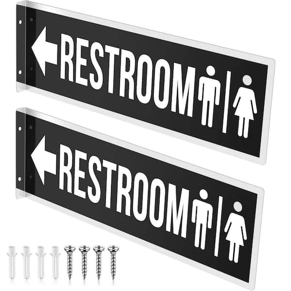 2-Pack Double Sided Black Aluminum Bathroom Door Restroom Wall Sign Metal Flag for Home Office Business
