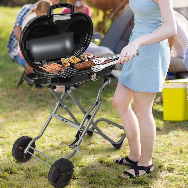 Portable in Black Propane Grill Folding Gas Grill Griddle with Wheels and Side Shelf
