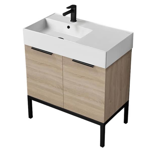 Derin 31.9 in. W x 17.3 in. D x 34.65 in. H Modern Bathroom Vanity in Brown Oak With White Ceramic Top