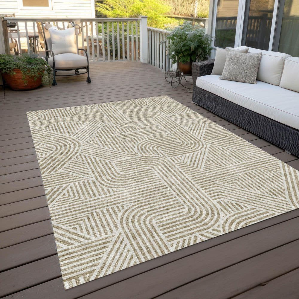 Beige and White Rectangular Synthetic Indoor Outdoor Rug