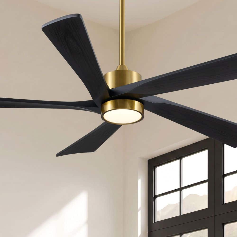 60 in. 5-Blade Black Wood Brass Transitional Modern Downrod Mount Standard Ceiling Fan with Dimmable LED Light Remote price history on PriceWatchPro