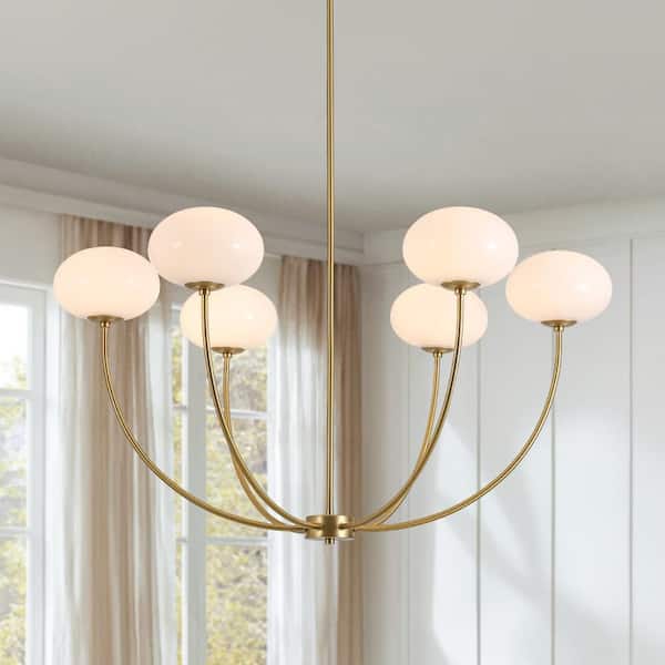 Elara 6-Light Brushed Gold Adjustable Hanging Chandelier with Opal Glass Disc Shades