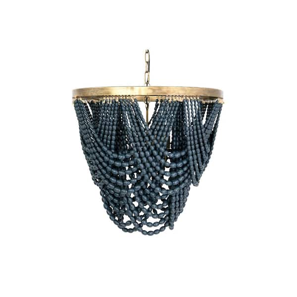 Storied Home 1-Light 2-Tier Brushed Gold with Blue Draped Wood Bead Chandelier
