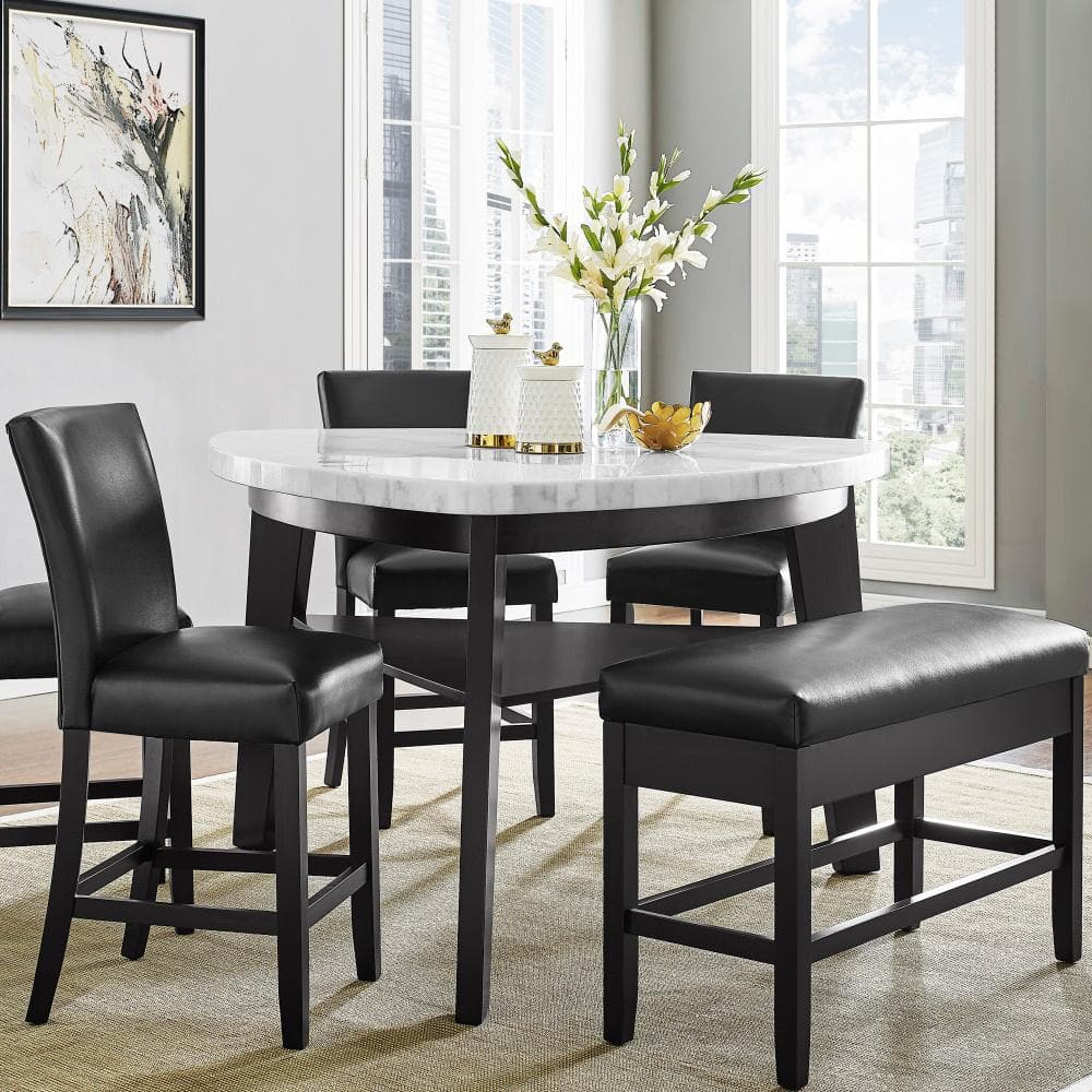 Transitional 60" Round Marble & Wood Counter Height Dining Table