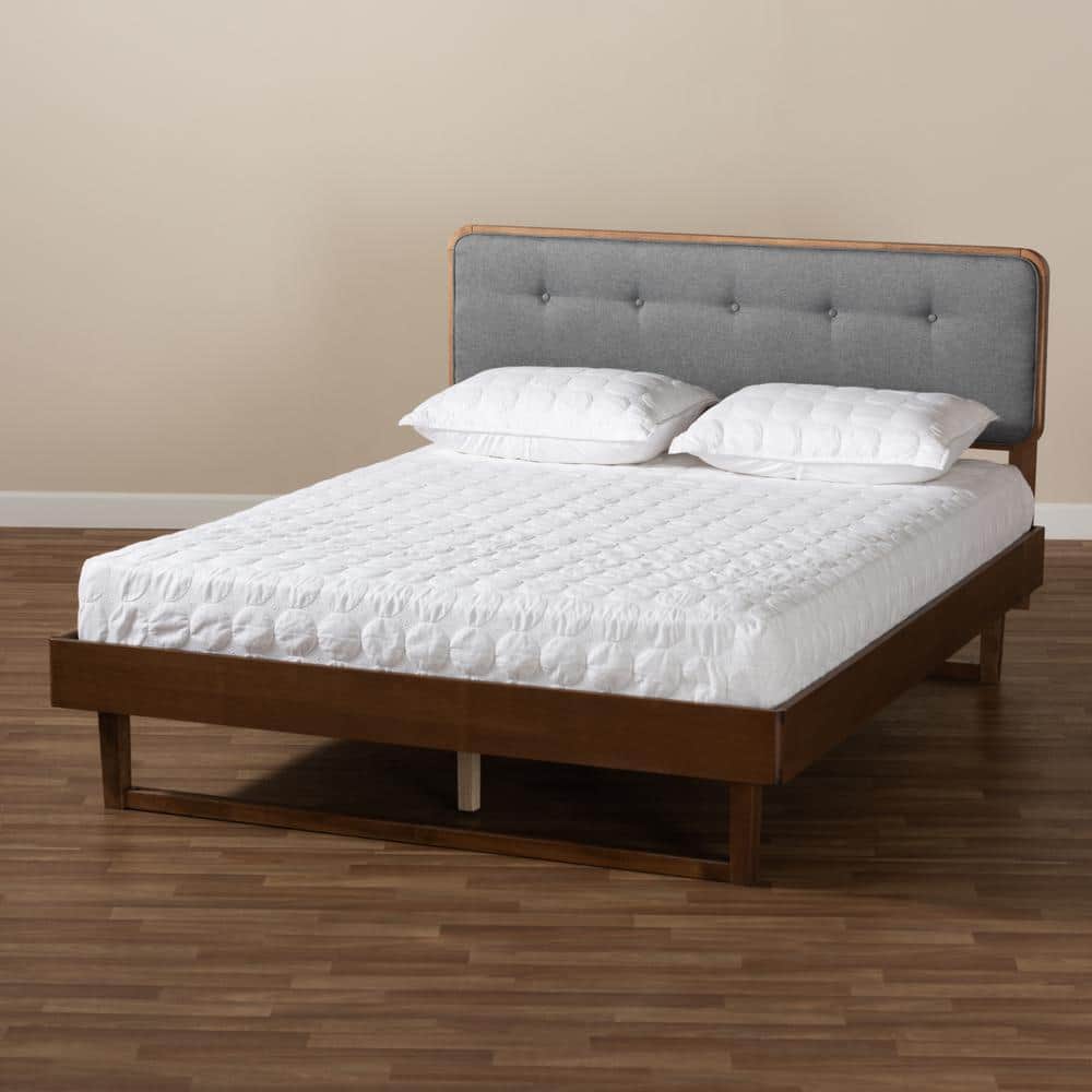 King Ash Walnut and Dark Gray Tufted Upholstered Bed with Slats